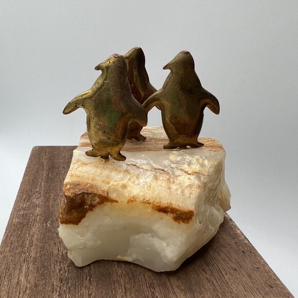 Quartz with Brass Penguins on Top Paper Weight - Picture 1 of 11
